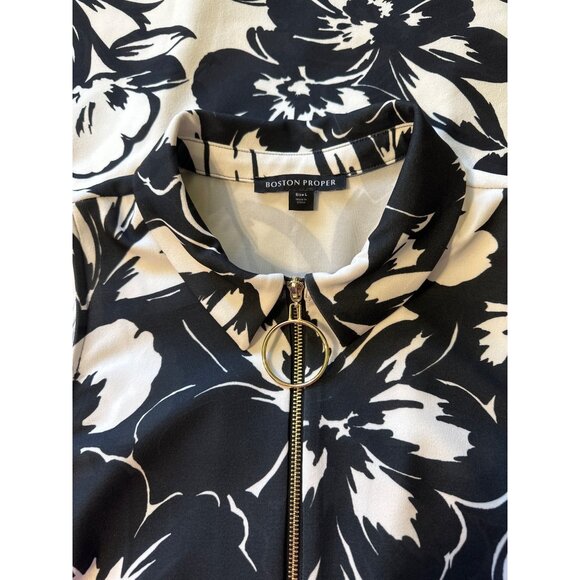 Boston Proper Black & White Floral Sleeveless Zip-Front Dress With Collar - Picture 4 of 6